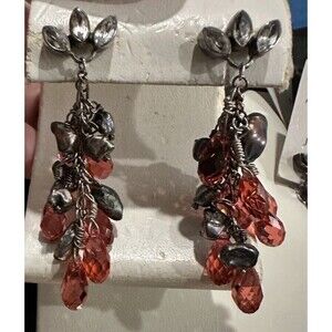 Estate Orange Pink Zircon Baroque Pearl Sterling Silver Dangle Handmade Earrings